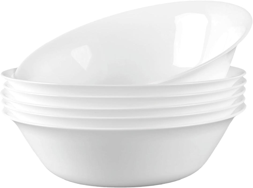 LaGlint 14 OZ (16 OZ MAX) White Opal Glass Cereal Bowl Set of 6, 6.5 inch Dishwasher & Microwave Safe Round Bowls for Soup, Salad and Rice