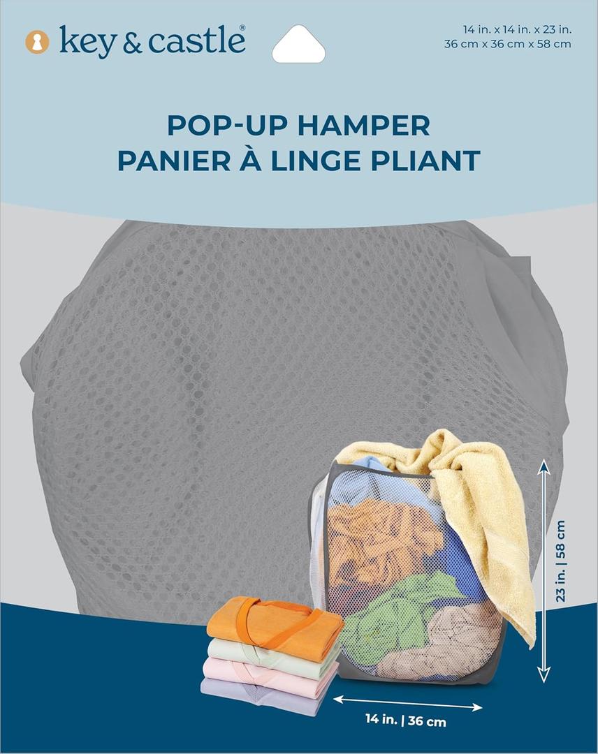 Key & Castle Pop-Up Laundry Hamper, 14x14x23 inches, Collapsible Mesh with Side Pocket, Heavy-Duty Handles