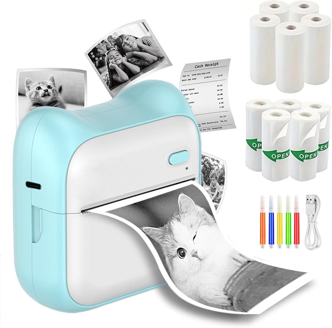 Thermal Mini Printer, Portable Inkless Sticker Maker with 11 Rolls Printing Paper, for Photo Journal Notes Memo, Compatible with iOS & Android