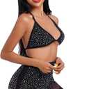 Women Sparkle Rhinestone Mesh Sheer Bikini Sets Halter Bra Top High Waist Shorts Bottom Swimsuits Rave Outfit (Black, M)