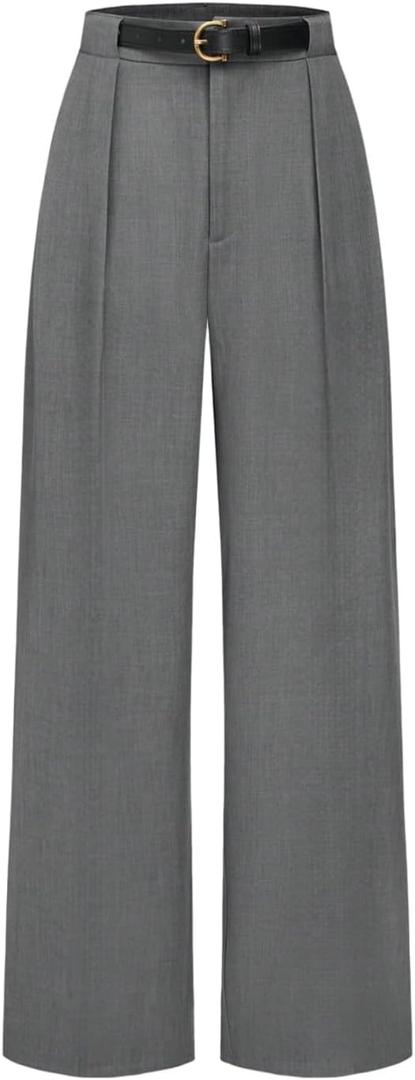 Women's Work Pants Straight Leg Zip Fly Belted Business Casual Trousers Teacher Pants (XS Petite, Grey)