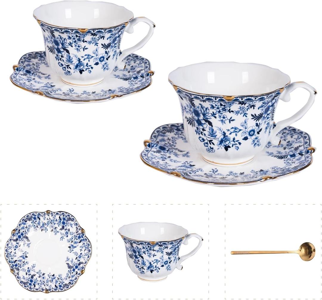 Vintage Floral Porcelain Tea Cup and Saucer Set with Spoon, Gold Trim, 6.4 oz Set of 2, Blue Tea & Espresso & Coffee Cups (2, China Flower)