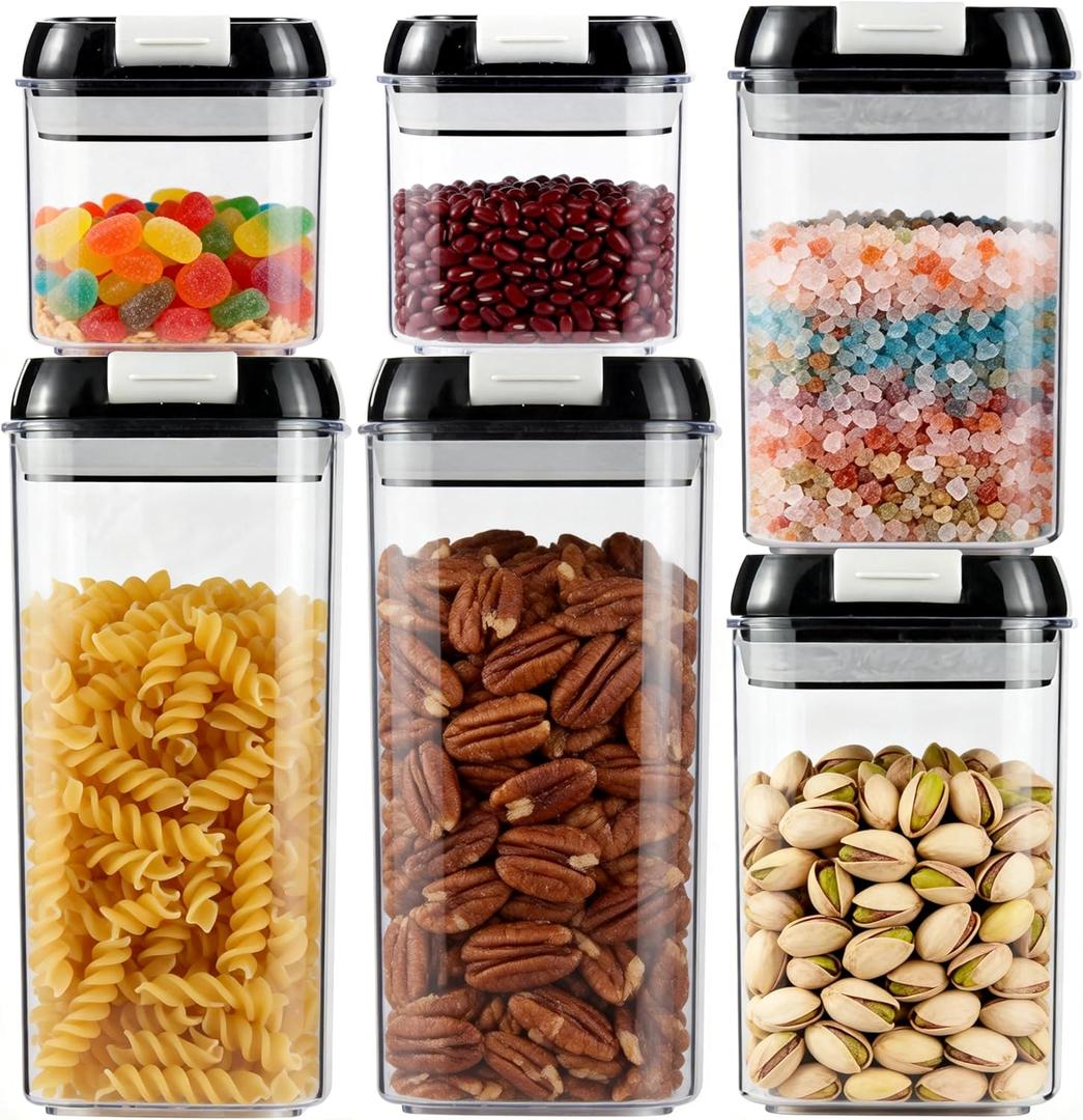 6-Piece Airtight Food Storage Containers with Lids - BPA-Free Kitchen Pantry Canisters for Cereal, Pasta, Snacks, Candy & Dry Foods, Stackable Space-Saving Design