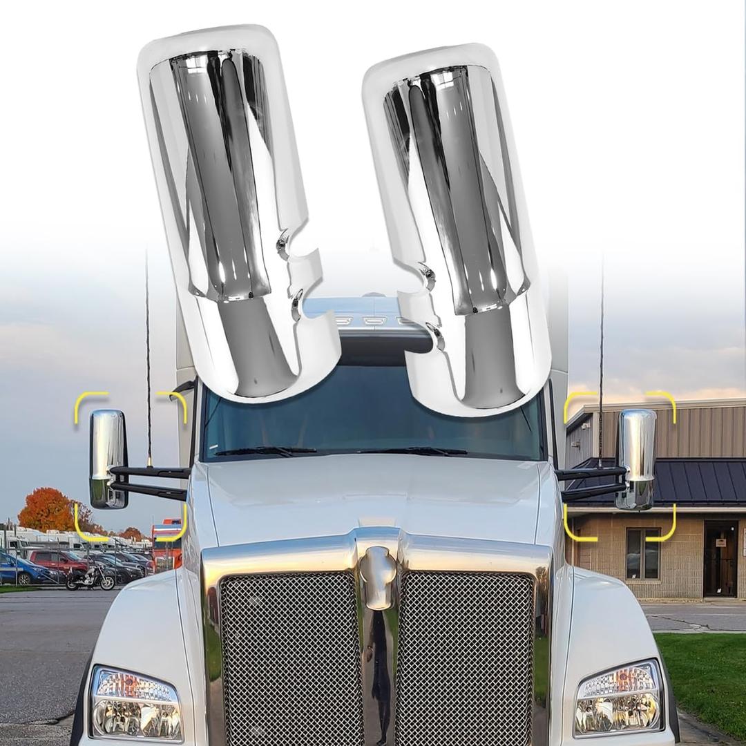 Pair Door Mirror Covers Fit Kenworth T680 T880 W990 Mirror Cover Replacement Driver Left and Passenger Right Side (Chrome)