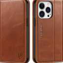 SHIELDON Case for iPhone 13 Pro 5G, Genuine Leather Folio Wallet Magnetic Shock Absorbing Case RFID Blocking Credit Card Holder Kickstand Compatible with iPhone 13 Pro 6.1" - Retro Brown