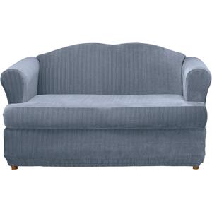 SureFit Stretch Pinstripe T-Cushion Loveseat Two Piece Slipcover, Form Fit, Polyester/Spandex, Machine Washable, French Blue Color (T Cushion Love Seat, Blue)