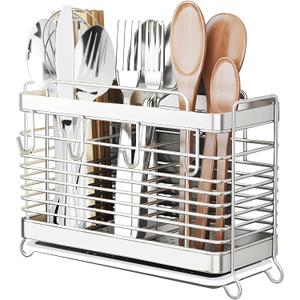 Utensil Holder, Stainless Steel Utensil Drying Rack with Drain Tray, Kitchen Counter Drainer Basket Silverware Cutlery Flatware Holder Forks, Knives, Spoons, Chopsticks Organizer (Silver) (3 Grids)