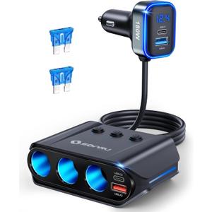 7 in 1 Cigarette Lighter Splitter, SONRU 180W (max 192W) 3-Socket Car Cigarette Lighter Adapter with Dual PD 36W/QC3.0 Fast Charging (3.7FT Cable) 12V/24V Independent Switches & LED Voltage Display (BLACK)