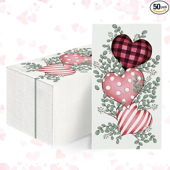 Horaldaily 100 Valentine Disposable Paper Decorative Guest Napkins, Pink Love Hearts Hand Towel for Party Lunch Dinner Kitchen Bathroom