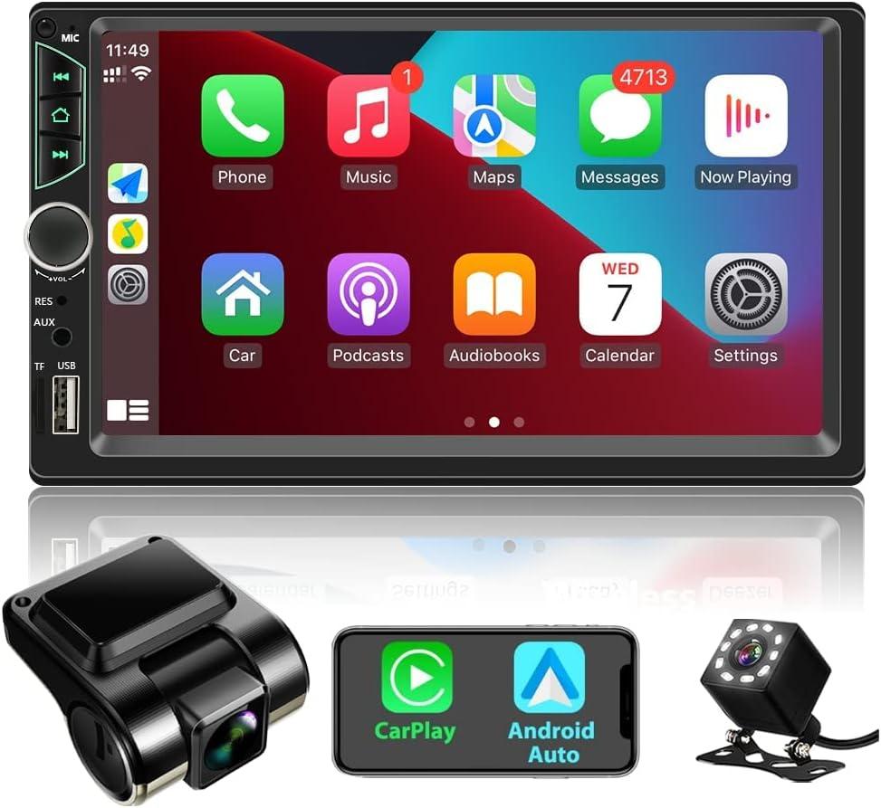 Double Din Car Stereo with Dash Cam,Compatible with Apple Carplay,Android Auto,7 inch Touch Screen Car Radio Receiver with Bluetooth, Mirror Link, Backup Camera, Navigation, FM, USB/TF/AUX