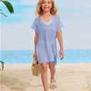 SOLY HUX Girl's V Neck Crochet Short Sleeve Beach Dress Summer Swimsuit Bikini Cover Up (8Y, Solid Light Blue)