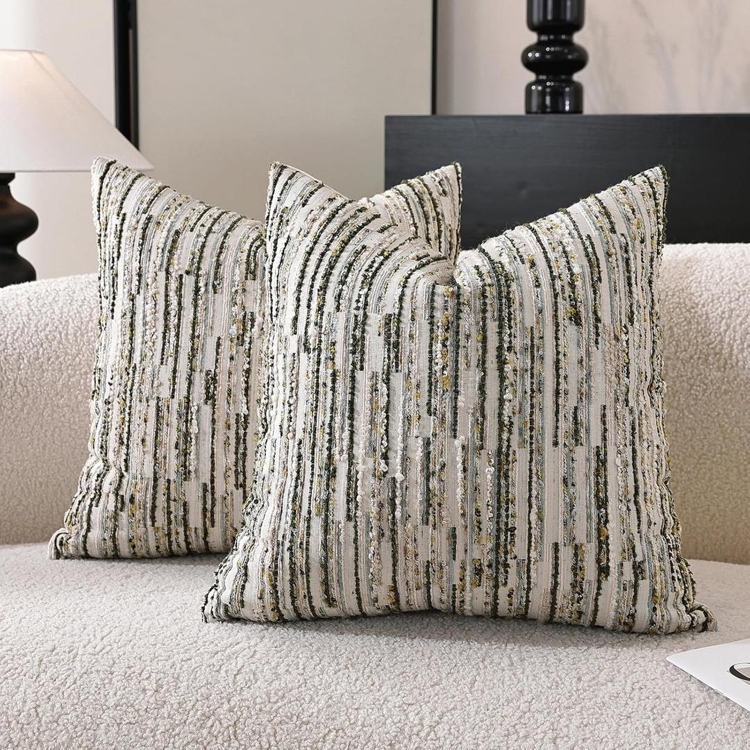 Striped Throw Pillow Covers 20x20 Set of 2 Green Textured Boucle Chic Morden Boho Accent Farmhouse Decorative Chenille Pillow Covers for Home Decor Bed Sofa Living Room