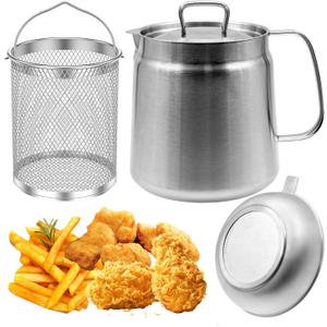 2L Strainer Pot Fryer, 304 Stainless Steel Oil Filter Pot with Strainer & Deep Fryer Basket for Kitchen, Multi-function Frying Net Tank Grease Container