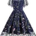 Women Keyhole Floral Embroidery Dress Sheer Mesh Illusion Vintage Cocktail Swing Dress Wedding Party Prom Tulle Evening Dress (X-Large, Navy Blue-ruffle Sleeve)