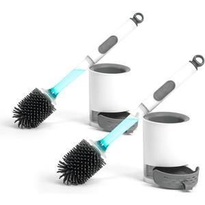 Silicone Toilet Brush and Holder Set, 2 Packs Bendable Toilet Scrubber for Curved Rim, Non-Scratch Drip-Resistant Brush with Sprayer, Space Saving Bathroom Essentials (2)