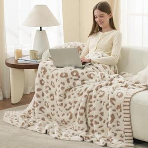 Snuggle Sac Leopard Luxury Faux Fur Throw Blanket for Couch,Ultra Soft Cozy Plush Fluffy Blanket for Sofa Bedroom Living Room,Beige Leopard,50x60 inches