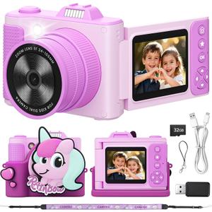 Kids Camera, Christmas Birthday Gifts for Boys Girls Age 3-12,Upgrade HD Flip Digital Video Cameras for Kids, Portable Toys for 3 4 5 6 7 8 9 10 Year Old Childrens with 32GB SD Card-Purple