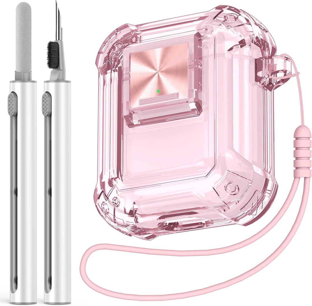 Secure Lock for Airpods Cases, Clear Airpods 2nd Generation Case with Security Lock, TPU Material Airpods Case 1st Generation with Silicone Wrist Strap with Cleaning Kit - Clear Pink