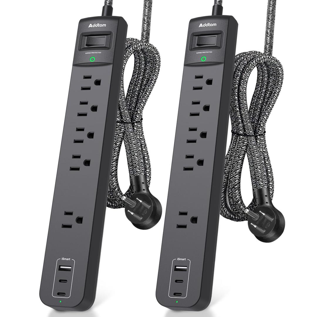 2 Pack Long Surge Protector Power Strip - 25ft Extension Cord with 5 Widely 3 USB (2 USB-C) Ports, Flat Plug, Desktop Charging Station for Home Office College Dorm Room Essentials