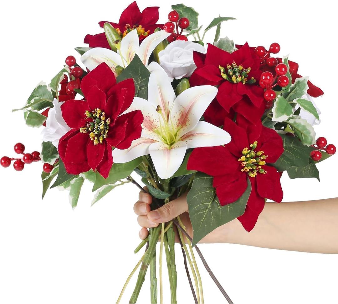 HUAESIN Poinsettias Artificial Christmas Flowers Cemetery Silk Christmas Floral Arrangements with Lily Rose Red Holly Berries Winter Flowers Christmas Picks for Xmas Home Vase Table Grave