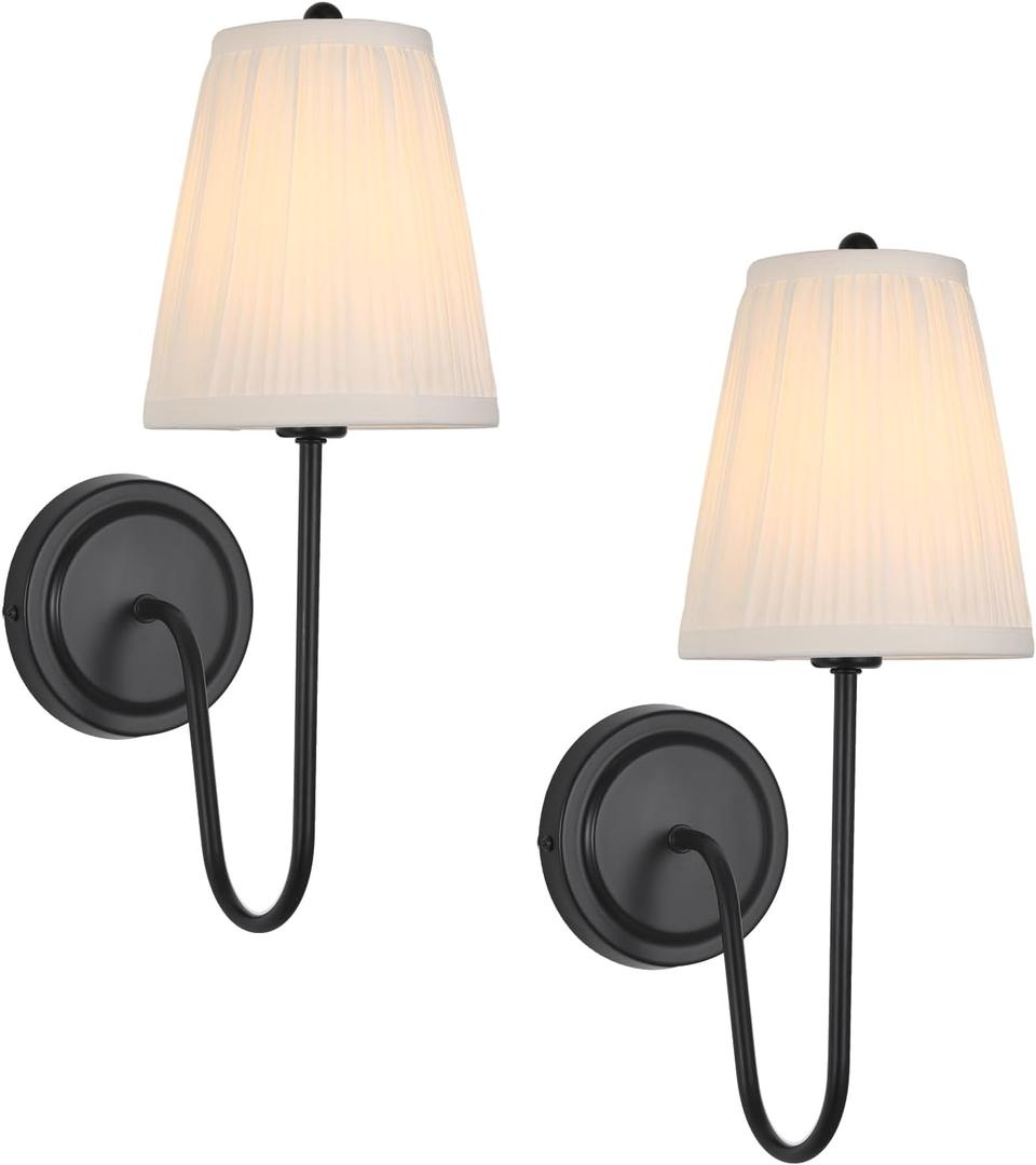 Electro bp; Elegant Single Wall Sconces White Pleated Fabric Lamp Shades with Black Curved Metal Arm Silk Cover Wall Lighting,E12,40W,Hardwired(Set of 2);
