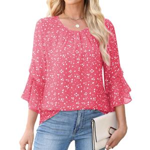 CiCiBird Women Chiffon Floral Blouse 3/4 Ruffle Sleeve Crew Neck Pleated Front Tops Dressy Casual Shirts (XL)