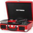 Vinyl Record Player, Portable Suitcase Turntable with PC Recording & Bluetooth Input/Output, 3-Speed LP Player, Built-in Stereo Speakers, RCA, AUX, Headphone Jack, Red