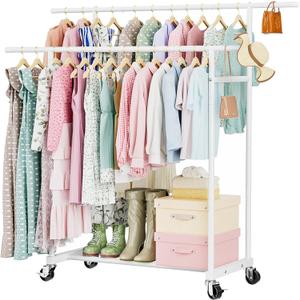 Abiglifty Double Rods Clothes Rack for Hanging Clothes, Clothing Rack with Wheels, Portable Closet Organizer for Laundry, Room (White)