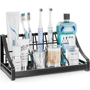 Toothbrush Holder Instant-Dry Organizer - Bathroom Countertop Organizer Kids Electric Toothbrush Toothpaste Holders - 7 Slots Bathroom Sink Accessories Storage Tooth Brush Counter Organization, Black