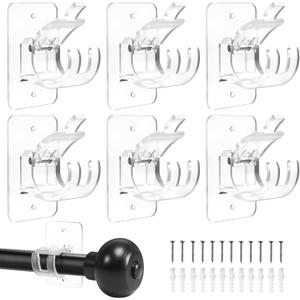 No-Drill Curtain-Rod Adhesive-Brackets Adjustable-Holder - 20 Pounds Nail Free Curtain Rod Hanger (Pack of 6 Transparent)
