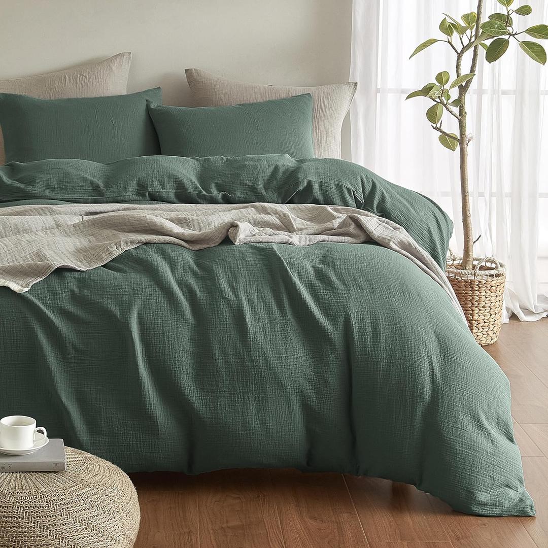 SE SOFTEXLY Muslin Duvet Cover Oversized King Size, 100% Washed Cotton Duvet Cover Set, Ultra Soft Comforter Cover Linen Like, 3 Pieces Gauze Duvet Cover with 2 Pillowcases, 98"x120", Forest Green