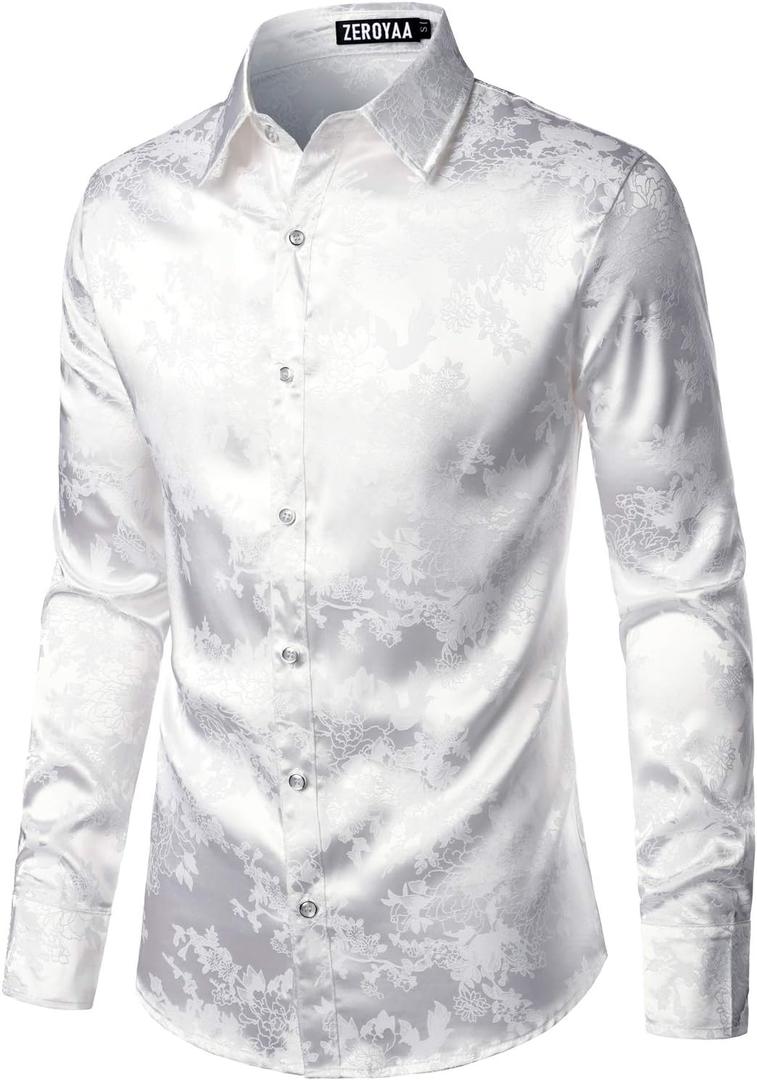 ZEROYAA Men's Shiny Satin Rose Floral Jacquard Long Sleeve Button Up Dress Shirts for Party Prom (Large, Ivory White)