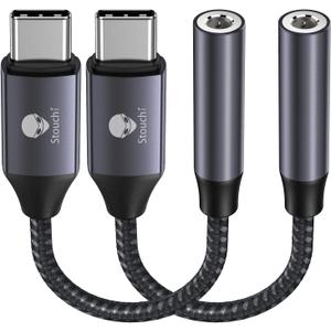 Stouchi USB C to 3.5mm Audio Adapter (2 Packs) Type C Headphone Dongle Jack Cable Cord Hi-Fi DAC Chip for iPhone 17/16 /15, Pixel 9/8 /7/6, iPad, Samsung Galaxy S25 S24 S23 Ultra - Grey