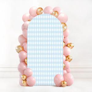 7.2FT Wedding Arch Backdrop Cover Light Blue Gingham Spandex Fitted Round Top Arch Stand Covers for Birthday Party Baby Shower Banquet Decoration (Color2)