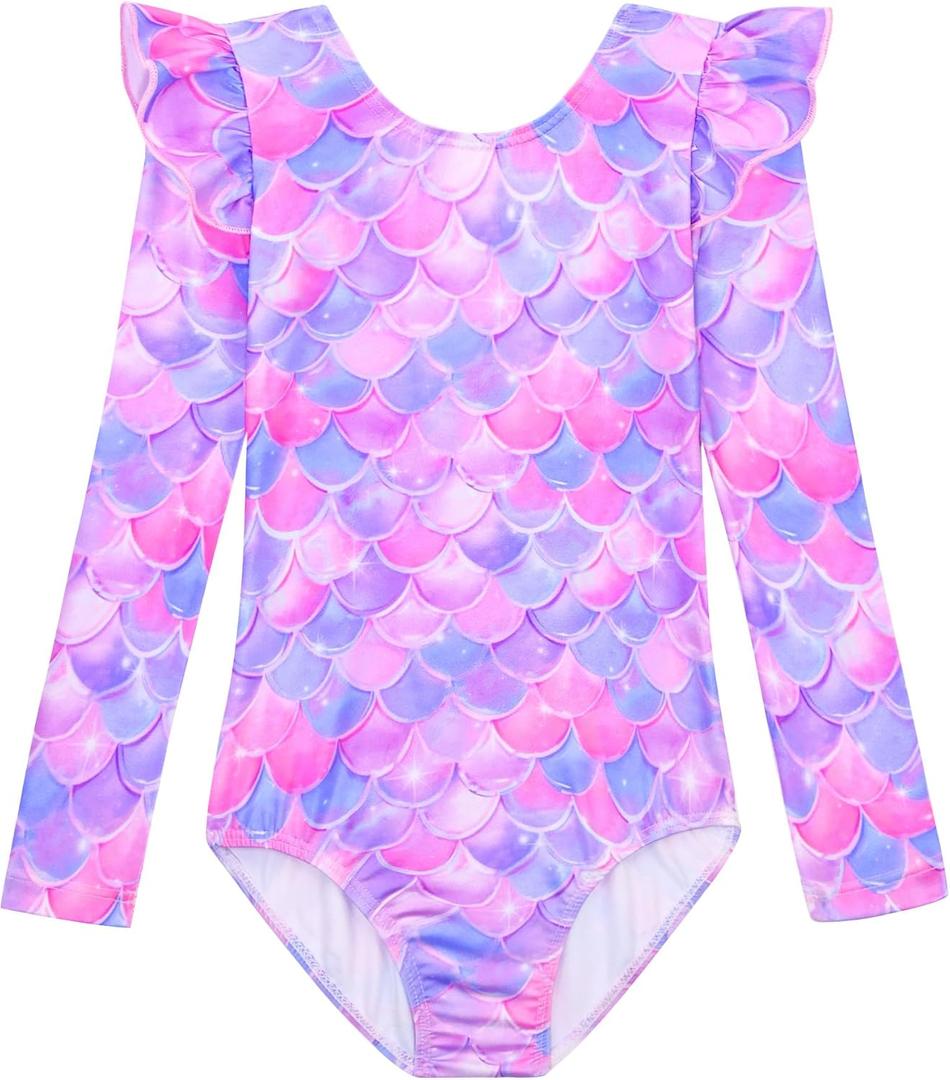 Long Sleeve Leotards for Girls with Ruffle 4D Stretch Ballet Dance Gymnastics Tumbling Wear Size 3-10T (7-8 Years, Purple Pink)