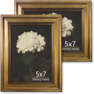 5x7 Picture Frame Vintage Gold Set of 2 - Ornate Picture Frames for Wall or Tabletop Display, 5 x 7 Photo Frame Gold Display Wedding Family Baby Photos for Elegant Home Decor