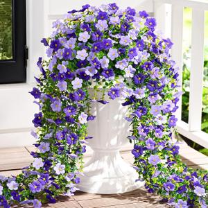 Waipfaru 4 Pcs Artificial Hanging Flowers for Outdoors, Fake Hanging Plants for Outdoor, UV Resistant Silk Faux Violet Flowers Spring Summer Decor for Planter Porch Patio Indoor Decoration, Purple