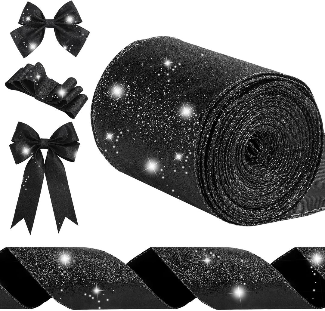 Syhood 20 Yard Glitter Ribbon Wired Edge Waterproof Sparkly Garland for Gifts Wrapping Cards Crafts Wreaths Holiday Decoration(Black,4 Inch X 20 Yard)
