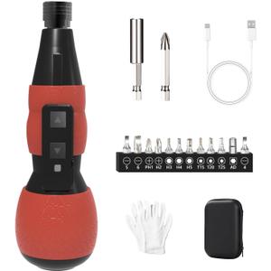 Mini Electric Screwdriver Set,Hillyfe 2500mAh Electric Screwdriver Cordless with LED Light, 13 Magnetic Bits, Extension Rod, Gloves, Storage Case,for Furniture/Electrical Repairs,Red
