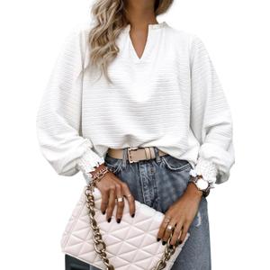 Womens Tops Dressy Casual Long Sleeve Shirts Loose V Neck Business Work Tunic Blouses (White, L)