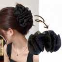 Large Bow Hair Claw Clips for Women Mesh Bubble Hair Barrettes for Thick Thin Hair Elegant Chiffon Silk Hair Accessories (Crystal black)