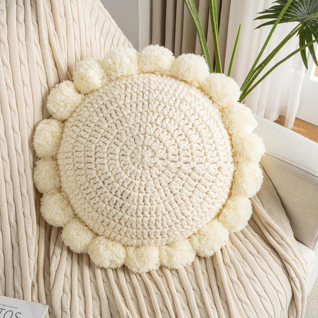 Boho Round Throw Pillow Accent Pillows for Bed Circle Pillow Covers with Insert Decorative Chunky Knit Pillow Cute Pom Sun Flower Funky Unique Decor Couch Bedroom Living Room Nursery 18x18