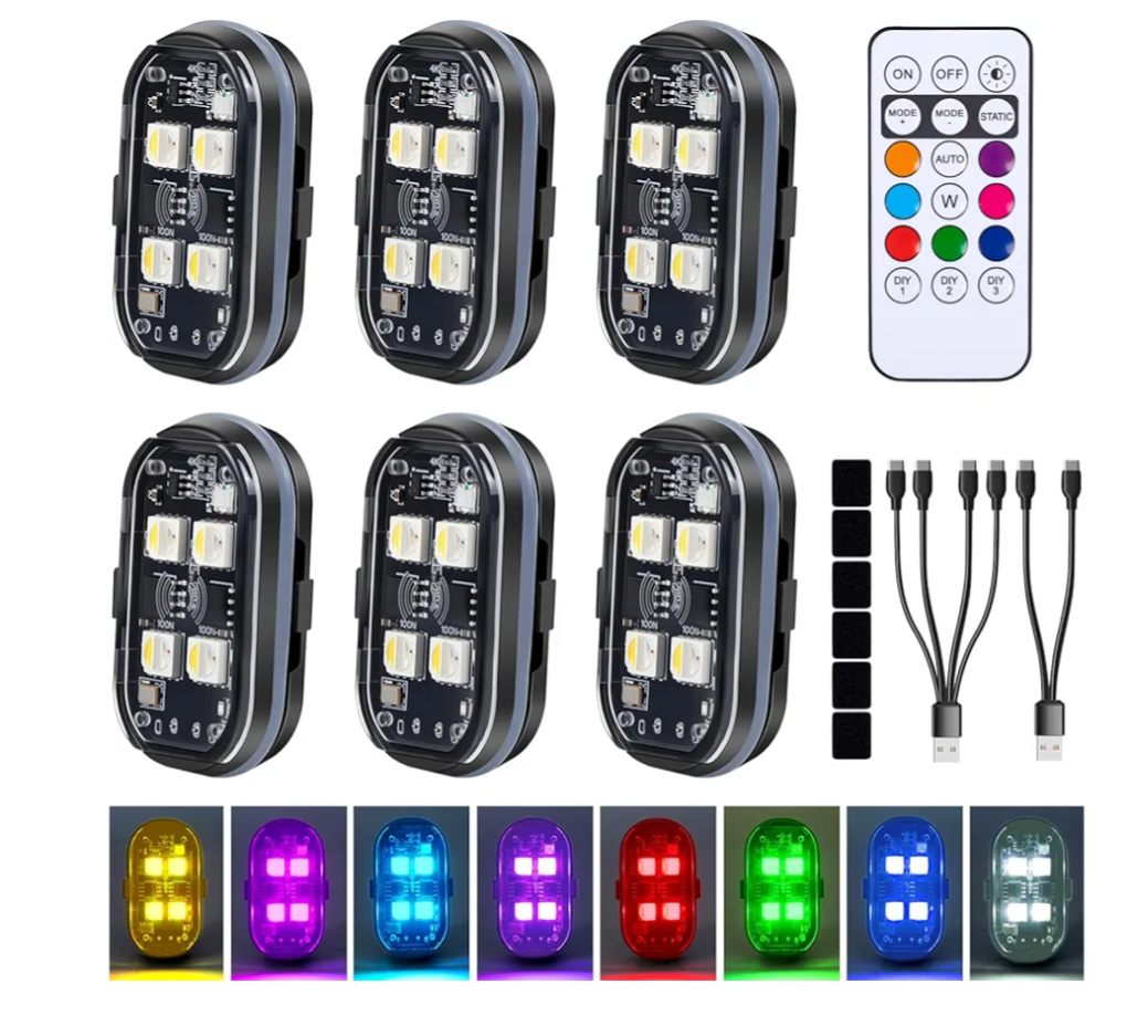 Upgraded 4LEDs 6PCS Wireless LED Strobe Lights with Remote Control, 8 Colors Type-C Rechargeable Led Lights Anti Collision Warning Light for Car Motorcycle Bike Drone Aircraft