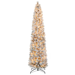 7 FT Pre-Lit Slim Christmas Tree Flocked Decoration with Pine Needles & Lights