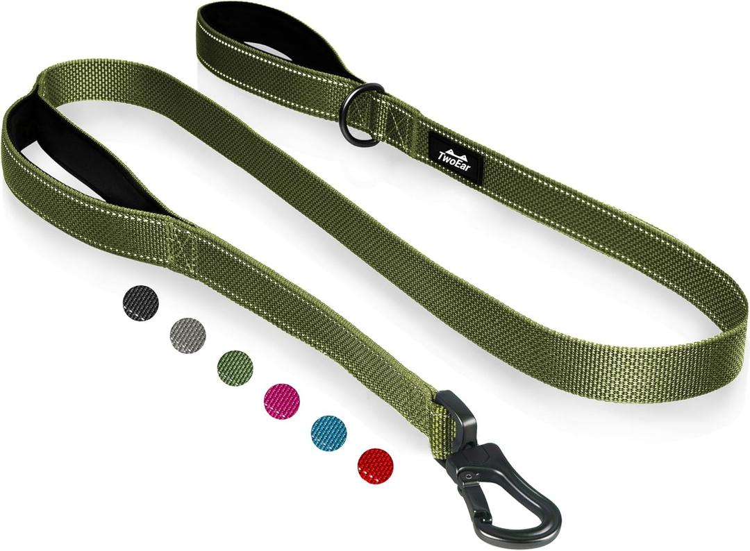 TwoEar 5FT 1IN Strong Green Dog Leash with 2 Padded Handles, Traffic Handle Extra Control, Comfortable Soft Dual Handle, Auto Lock Hook, Reflective Walking Lead for Small Medium and Large Dogs
