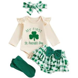 Amnnchya My First St Patricks Day Baby Girl Outfit Clover Romper Plaid Shorts Skirt Newborn Girls Shamrock Clothes 4PCS Set, 3-6 M