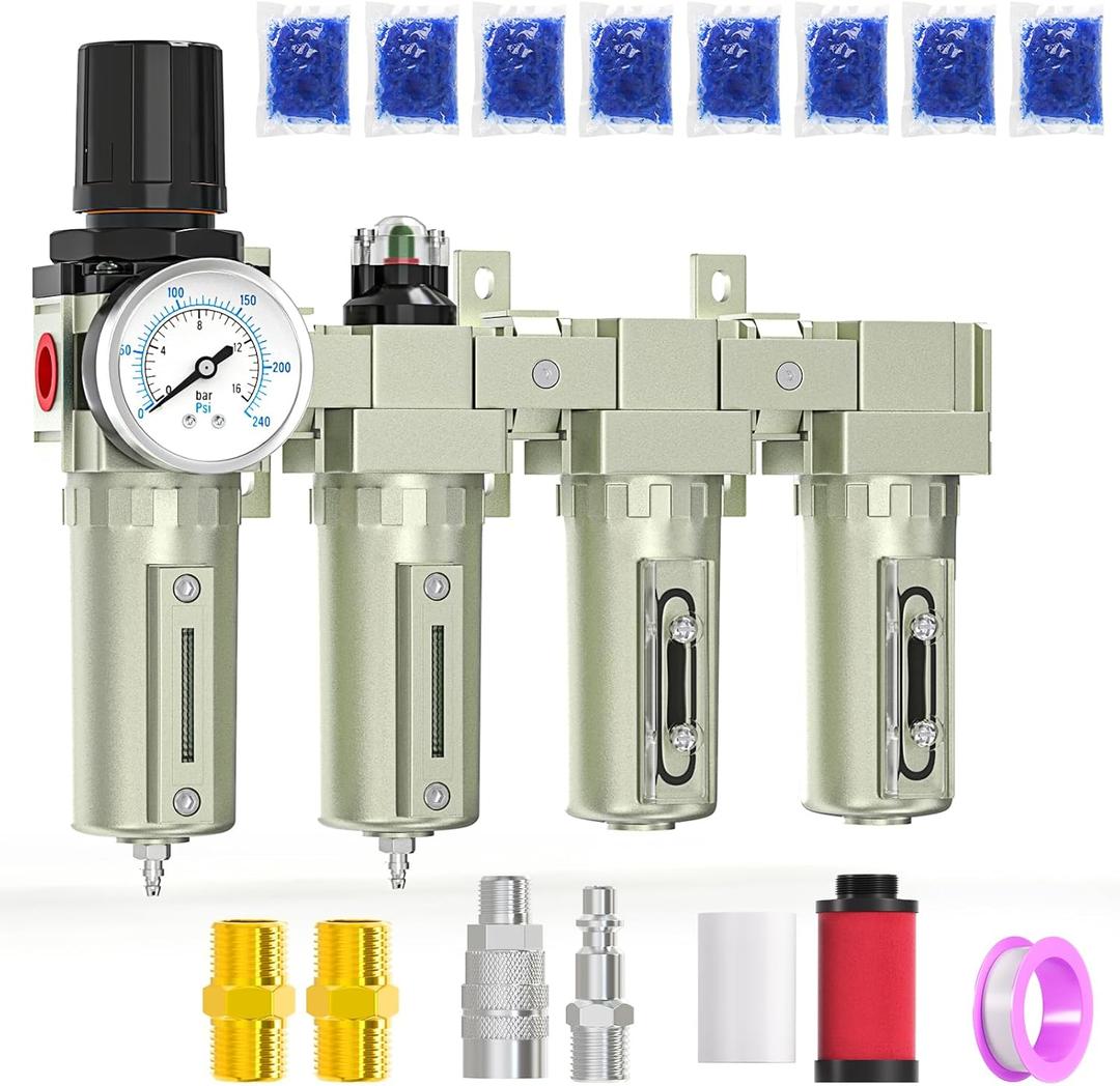 4 Stage Heavy Duty Industrial Grade 3/4" NPT Air Drying System For Plasma Cutter and Paint Spray, Coalescing Filter,Particulate Filter,Double Desiccant Dryer and Air Regulator,Manual Drain (1/2"NPT, Munual Drain)