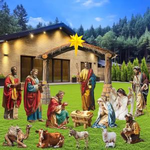 14 Pcs Christmas Outdoor Nativity Scene Set Large Nativity Lawn Sign 51" Tall Manger Scene Outdoor Holy Family Yard Decoration PVC Weatherproof for Christmas Xmas Outside Yard Lawn Decor