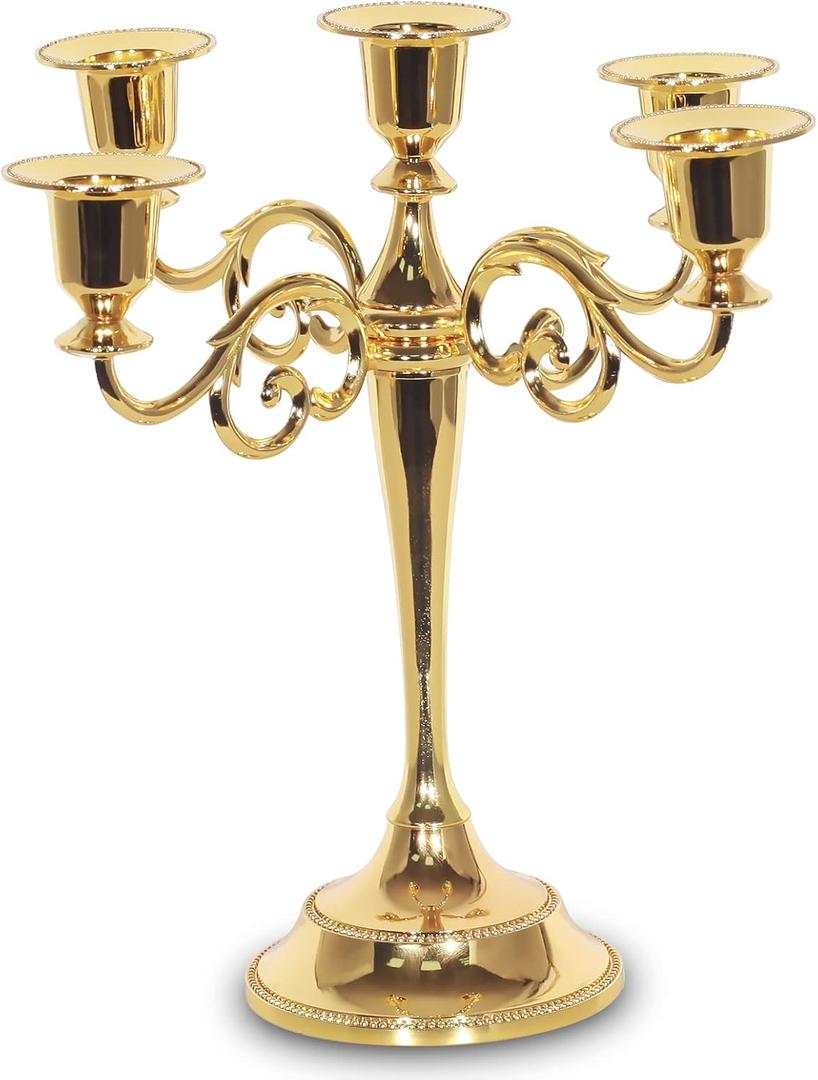 5-Candle Metal Candelabra Candle Holder 10.6 inch Tall Candlestick Holders for Valentine Christmas Home Party Dinning Candle Stand Gold