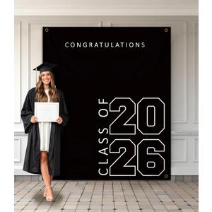 Class of 2026 Graduation Banner 5X6feet - Large CONGRATS GRAD Polyester Banner, Photo Backdrop & Wall Decor for Commencement Party Supplies, Black and White Graduation Party Decorations for High School & College